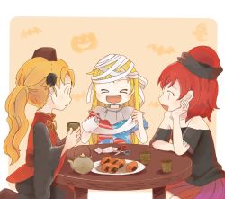 Rule 34 | &gt; &lt;, 3girls, :d, alternate hairstyle, bandaged head, bandages, bare shoulders, bat (animal), black dress, black hat, black shirt, blonde hair, closed eyes, clownpiece, commentary request, cup, dress, halloween, hat, hecatia lapislazuli, highres, holding, holding cup, jack-o&#039;-lantern, junko (touhou), long hair, long sleeves, miniskirt, multicolored clothes, multicolored skirt, multiple girls, neck ruff, off-shoulder shirt, off shoulder, open mouth, plate, ponytail, red hair, rome35793562, scissors, shirt, sitting, skirt, smile, star (symbol), star print, striped, t-shirt, tabard, table, teapot, toilet paper, touhou, wide sleeves, xd, yunomi