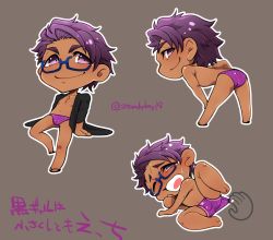 Rule 34 | 1boy, black shirt, chibi, clothes pull, fate/grand order, fate (series), glasses, grey background, jewelry, lancelot (fate/grand order), leg lift, lying, male focus, male swimwear, male swimwear pull, multiple views, necklace, on side, one-piece swimsuit pull, open mouth, outline, pulling another&#039;s clothes, purple hair, purple male swimwear, purple swim briefs, sandals, shirt, simple background, smile, solo, solo focus, sparkle print, standplay, swim briefs, swim briefs pull, swimsuit, tan, twitter username, white outline