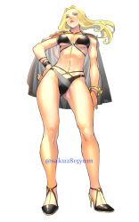 Rule 34 | 1girl, alternate costume, blonde hair, blue eyes, bracelet, breasts, highres, jewelry, kolin, large breasts, lips, simple background, solo, standing, street fighter, street fighter v, swimsuit, thighs, tombsakura, white background