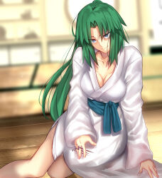 Rule 34 | 1girl, alternate costume, arm support, blurry, blurry background, breasts, cleavage, closed mouth, collarbone, commentary request, depth of field, green eyes, green hair, hair between eyes, highres, higurashi no naku koro ni, indoors, iro (sekaixiro), japanese clothes, kimono, large breasts, long hair, long sleeves, miko, nail, obi, ponytail, sash, sidelocks, sitting, smile, solo, sonozaki mion, translation request, very long hair, white kimono, wide sleeves, wooden floor