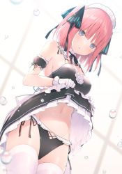 Rule 34 | 1girl, 6u (eternal land), alternate costume, arm garter, bare shoulders, black panties, black shirt, black skirt, blue eyes, breasts, bubble, clothes lift, commentary request, cowboy shot, crop top, detached collar, enmaided, frilled skirt, frills, gloves, go-toubun no hanayome, groin, hair ornament, lifting own clothes, looking at viewer, maid, maid headdress, medium breasts, medium hair, miniskirt, nakano nino, navel, panties, parted lips, pink hair, shirt, side-tie panties, skirt, skirt lift, sleeveless, sleeveless shirt, solo, standing, stomach, thighhighs, underwear, white gloves, white thighhighs