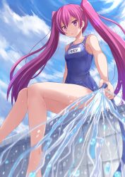 Rule 34 | &gt;:o, 10s, 1girl, :o, akame ga kill!, angry, barefoot, blue one-piece swimsuit, blurry, blush, breasts, cloud, collarbone, day, depth of field, from below, from side, full body, hair tie, highres, hip focus, holding, holding hose, hose, kazenokaze, knees together feet apart, long hair, looking at viewer, mine (akame ga kill!), name tag, one-piece swimsuit, outdoors, parted bangs, parted lips, poolside, purple eyes, purple hair, school swimsuit, sitting, sky, small breasts, solo, splashing, straight hair, swimsuit, tile wall, tiles, twintails, v-shaped eyebrows, very long hair, water, water drop