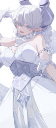 1girl absurdres bare_shoulders breasts cleavage demon_girl demon_horns demon_wings dress drill_hair duel_monster garter_straps grey_eyes grey_hair heichi highres horns large_breasts leotard long_hair lovely_labrynth_of_the_silver_castle parted_lips see-through_clothes simple_background smile solo strapless strapless_dress thighhighs tongue transparent_wings twin_drills white_background white_dress white_leotard white_thighhighs white_wings wings yu-gi-oh!