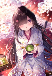 Rule 34 | 1girl, black hair, blurry, blurry foreground, blush, commentary request, cup, dango, depth of field, floral print, flower, food, gradient kimono, grey kimono, hair flower, hair ornament, hair over one eye, hairclip, holding, holding cup, japanese clothes, kimono, long hair, long sleeves, looking at viewer, nemuri nemu, obi, oil-paper umbrella, original, parted lips, pink flower, print kimono, purple eyes, red umbrella, sanshoku dango, sash, sitting, solo, twitter username, umbrella, very long hair, wagashi, white flower, white kimono, wide sleeves