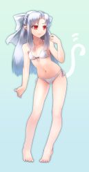 Rule 34 | 00s, 1girl, bad id, bad pixiv id, barefoot, bikini, blue background, bow, cat tail, front-tie top, hair bow, halftone, highres, long hair, looking away, megurimu, melty blood, navel, pigeon-toed, pointy ears, red eyes, side-tie bikini bottom, sidelocks, silver hair, solo, swimsuit, tail, toes, tsukihime, white bikini, white len (tsukihime)