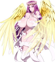 Rule 34 | 1girl, absurdres, angel, angel wings, blush, breasts, cleavage, covered erect nipples, fate/grand order, fate (series), female focus, flower wreath, gorgon (fate), head wreath, highres, huge breasts, long hair, looking at viewer, matching hair/eyes, medusa (fate), medusa (rider) (fate), navel, purple eyes, purple hair, rider, shoujo donburi, smile, solo, square pupils, thighhighs, very long hair, wings