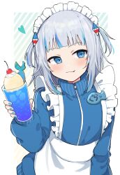 Rule 34 | 1girl, :3, absurdres, apron, blue eyes, blue hair, blue jacket, blunt bangs, blush, cherry, cowboy shot, cup, fang, fish, food, fruit, gawr gura, grey hair, hair ornament, heart, highres, holding, holding cup, hololive, hololive english, ice cream, jacket, jersey maid, long hair, long sleeves, looking at viewer, maid, maid headdress, multicolored hair, nanashiki770, shark hair ornament, solo, striped background, two-tone hair, unconventional maid, virtual youtuber, waist apron, white apron
