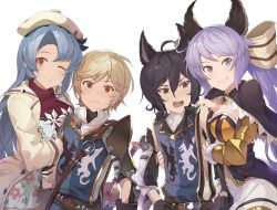 Rule 34 | 2boys, 2girls, animal ears, arm hug, armor, arthur (granblue fantasy), belt, black gloves, black hair, blonde hair, blue hair, blush, breast press, breasts, brown eyes, capelet, cleavage, closed mouth, commentary request, dress, erune, floral print, gloves, granblue fantasy, green eyes, grin, hair between eyes, hair ribbon, hat, hinami (hinatamizu), large breasts, lips, long hair, long sleeves, looking at viewer, low twintails, mordred (granblue fantasy), multiple boys, multiple girls, one eye closed, open mouth, order of the white dragon uniform, purple eyes, purple hair, red eyes, ribbon, satyr (granblue fantasy), simple background, smile, sophia (granblue fantasy), sword, twintails, very long hair, weapon, white background