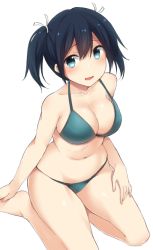 Rule 34 | 10s, 1girl, bare shoulders, bikini, bikini day, black hair, blue eyes, blue hair, breasts, cleavage, collarbone, green bikini, kantai collection, large breasts, looking at viewer, nagami yuu, navel, open mouth, simple background, sitting, solo, souryuu (kancolle), swimsuit, twintails, white background