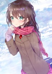 Rule 34 | 1girl, bag, brown coat, brown hair, buttons, closed mouth, coat, double-breasted, fringe trim, green eyes, hair between eyes, hakuishi aoi, holding, holding bag, long hair, looking at viewer, necktie, original, outdoors, pink scarf, pink skirt, pleated skirt, red necktie, scarf, school bag, school uniform, shirt, skirt, sleeves past wrists, smile, snow, solo, sweater, white shirt
