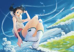 Rule 34 | 1girl, :o, absurdres, acrylicstroke, amano hina (tenki no ko), arm up, bare arms, bare shoulders, black hair, blue eyes, blue shorts, blue sky, boots, bubble, cloud, cloudy sky, commentary, day, full body, highres, hood, hood down, hoodie, huge filesize, looking at viewer, medium hair, open mouth, outdoors, rubber boots, shadow, short shorts, shorts, sky, sleeveless, sleeveless hoodie, solo, tenki no ko, twintails, white footwear, white hoodie