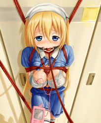 Rule 34 | 1girl, absurdres, arms behind back, ball gag, bdsm, between breasts, blend s, blonde hair, blue eyes, blue skirt, blush, bondage, bound, breasts, cleavage, collar, drooling, gag, hair between eyes, head scarf, highres, hinata kaho, hiru-kun no ami, leash, long hair, looking at viewer, open clothes, open shirt, puffy short sleeves, puffy sleeves, rope, saliva, sex toy, shirt, short sleeves, skirt, solo, sweat, thighhighs, trembling, twintails, vibrator, vibrator under clothes, viewer holding leash, white thighhighs, wiffle gag