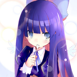 Rule 34 | 10s, blue eyes, bow, colored inner hair, fork, lowres, multicolored hair, panty &amp; stocking with garterbelt, purple hair, ribbon, shichinose, solo, sparkle, stocking (psg), two-tone hair, wings