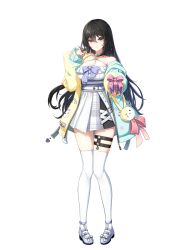 Rule 34 | 1girl, bai winchester, bare shoulders, belt, black hair, braid, breasts, choker, closed mouth, closers, dress, green jacket, heterochromia, highres, jacket, large breasts, long hair, long sleeves, looking at viewer, mary janes, multicolored clothes, multicolored jacket, non-web source, off shoulder, official art, open clothes, open jacket, pink eyes, pleated dress, purple eyes, shoes, sleeveless, sleeveless dress, smile, solo, spaghetti strap, thigh strap, thighhighs, thighs, two-tone jacket, very long hair, white choker, white dress, white thighhighs, yellow jacket, zettai ryouiki