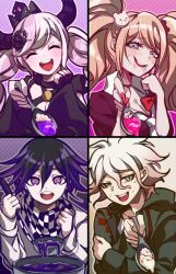 Rule 34 | 2boys, 2girls, bad food, bear hair ornament, black dress, black flower, black gloves, black hair, black horns, black shirt, blonde hair, blue eyes, blush, bow, braid, breasts, checkered clothes, checkered scarf, cleavage, commentary request, cooking pot, crown, curry, curry rice, danganronpa: trigger happy havoc, danganronpa (series), danganronpa 2: goodbye despair, danganronpa v3: killing harmony, dress, drooling, enoshima junko, fingerless gloves, flower, food, gloves, green jacket, hair between eyes, hair flower, hair ornament, hands up, highres, holding, holding ladle, holding spoon, hood, hooded jacket, horns, incoming food, jacket, komaeda nagito, ladle, long hair, long sleeves, looking at viewer, master detective archives: rain code, medium breasts, messy hair, multicolored hair, multiple boys, multiple girls, nail polish, necktie, nota sayaka, oma kokichi, open clothes, open jacket, open mouth, outline, pink hair, purple eyes, purple hair, red bow, red nails, rice, scarf, shinigami (rain code), shirt, short hair, smile, spoon, sweat, twin braids, twintails, two-tone hair, upper body, white hair, white necktie, white shirt