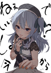 Rule 34 | 1girl, @ @, beret, black dress, blue eyes, blue hair, blush, brat (brabrabrat00), choker, commentary request, dress, finger to mouth, grey headwear, hair between eyes, hair ribbon, hat, highres, hololive, hoshimachi suisei, hoshimachi suisei (streetwear), lace, lace choker, lace sleeves, long hair, looking at viewer, official alternate costume, open mouth, orange nails, ribbon, solo focus, translation request, virtual youtuber, white background
