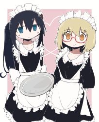 Rule 34 | 2girls, alternate costume, alternate hairstyle, apron, arms behind back, black hair, blonde hair, blue eyes, border, closed mouth, collarbone, empty plate, expressionless, hair between eyes, hashtag-only commentary, heart, heart of string, highres, holding, holding plate, icetipia, inset border, long hair, looking at viewer, maid, maid apron, maid headdress, multiple girls, orange eyes, outline, pink background, plate, ponytail, shimeji simulation, short hair, sidelocks, smile, tsukishima shijima, white border, white outline, yamashita majime