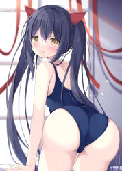 Rule 34 | 1girl, :q, ass, bare arms, bare shoulders, black hair, blue one-piece swimsuit, blurry, blurry background, blush, brown eyes, cameltoe, closed mouth, commentary request, depth of field, fairy tail, hair between eyes, highres, horns, leaning forward, long hair, looking at viewer, looking back, old school swimsuit, one-piece swimsuit, red ribbon, ribbon, satsuki yukimi, school swimsuit, smile, solo, swimsuit, tongue, tongue out, twintails, very long hair, wendy marvell, window