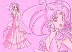Rule 34 | 1girl, bishoujo senshi sailor moon, bow, chibi usa, cone hair bun, crescent, crescent facial mark, double bun, dress, earrings, facial mark, flower, forehead mark, full body, hair bun, hair ornament, hairpin, jewelry, lisginka, looking at viewer, looking back, pink background, pink bow, pink dress, pink flower, pink hair, pink rose, pink theme, projected inset, red eyes, rose, short hair, signature, small lady serenity, smile, solo, twintails, zoom layer