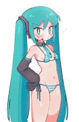 Rule 34 | 1girl, aqua hair, aqua necktie, batrobin k, bikini, blush, breasts, closed mouth, detached sleeves, flying sweatdrops, green eyes, hair between eyes, hair ornament, hand on own hip, hatsune miku, headset, highres, long hair, looking at viewer, loose bikini, micro bikini, necktie, side-tie bikini bottom, simple background, sleeves past fingers, sleeves past wrists, small breasts, solo, striped bikini, striped clothes, sweat, swimsuit, twintails, very long hair, vocaloid, white background, wide sleeves