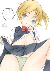 Rule 34 | 1girl, black skirt, black vest, blonde hair, blush, bow, bow panties, bowtie, clothes lift, commentary request, dakkusu, dated, green eyes, green panties, head tilt, highres, kantai collection, lifting own clothes, looking at viewer, maikaze (kancolle), navel, no bra, panties, parted bangs, parted lips, pleated skirt, puffy short sleeves, puffy sleeves, red bow, red bowtie, school uniform, shirt, shirt lift, short sleeves, signature, simple background, skirt, skirt lift, solo, translation request, underwear, vest, white background, white shirt