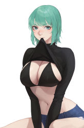 Rule 34 | 1girl, black bra, black sweater, bra, breasts, cleavage, clothes lift, cocoro moto, denim, denim shorts, fang, green eyes, green hair, grey background, highres, large breasts, long sleeves, looking at viewer, mouth hold, navel, original, short hair, shorts, simple background, sitting, solo, stomach, sweater, sweater lift, underwear