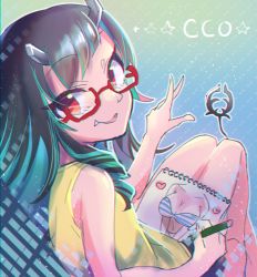 Rule 34 | 1girl, nanashi inc., alternate costume, bespectacled, black hair, blue hair, commentary request, demon girl, demon horns, demon tail, drawing, fang, feet out of frame, flat chest, glasses, heart, holding, holding pencil, horns, kuzuhana, long hair, looking at viewer, looking back, multicolored hair, open mouth, pencil, red-framed eyewear, red eyes, semi-rimless eyewear, shirt, shishio chris, sketchbook, sleeveless, sleeveless shirt, smile, solo, sugar lyric, tail, two-tone hair, under-rim eyewear, virtual youtuber, yellow shirt