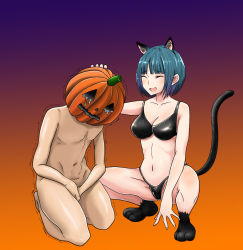 Rule 34 | 1boy, 1girl, :d, animal ears, animal hands, black bra, black panties, blue hair, blunt bangs, bra, breasts, cat ears, cat paws, cat tail, cleavage, closed eyes, clothed female nude male, covering crotch, covering privates, dominatrix, gradient background, halloween, hat, headpat, highres, hisanoworld, jack-o&#039;-lantern, nail, nude, open mouth, original, panties, penis, sadism, smile, squatting, standing, tail, tears, trick or treat, underwear, witch hat