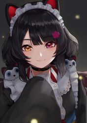 Rule 34 | 1girl, absurdres, animal ears, black collar, black hair, black kimono, brown eyes, closed mouth, collar, commentary request, dog ears, dog hair ornament, flower, grey background, hair flower, hair ornament, hand up, heterochromia, highres, inui toko, japanese clothes, kimono, long hair, long sleeves, low twintails, maid, maid headdress, mugcup, nijisanji, purple eyes, purple flower, sleeves past fingers, sleeves past wrists, smile, solo, twintails, upper body, virtual youtuber, wa maid