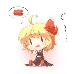Rule 34 | 1girl, :d, ahoge, blonde hair, blush, boned meat, chibi, female focus, food, hair ribbon, meat, mintmochi (artist), mochinabe, necktie, open mouth, ribbon, rumia, short hair, sitting, skirt, smile, solid oval eyes, solo, thought bubble, touhou, translation request