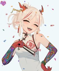 Rule 34 | 1girl, :d, absurdres, arknights, arm tattoo, breasts, character name, china dress, chinese clothes, colored skin, confetti, dragon girl, dragon horns, dress, fangs, folded fan, folding fan, hair ornament, hairpin, hand fan, hand on own hip, happy birthday, highres, holding, holding fan, horns, looking at viewer, multicolored hair, nian (arknights), nian (unfettered freedom) (arknights), official alternate costume, open mouth, pointy ears, ponytail, red hair, red skin, selmer, simple background, sleeveless, sleeveless dress, small breasts, smile, solo, streaked hair, tattoo, teeth, upper body, upper teeth only, white background, white hair
