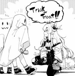 Rule 34 | 0w0, 1girl, 2others, ambiguous gender, arknights, basket, candy, child, cuora (arknights), dragon horns, emphasis lines, english text, flying sweatdrops, food, from side, ghost costume, greyscale, halftone, halftone background, halloween costume, highres, holding, holding basket, horns, id card, jacket, lanyard, leizi (arknights), lollipop, long hair, monochrome, multiple others, off shoulder, on one knee, open clothes, open jacket, pants, pointy ears, qilin (mythology), shoes, sidelocks, simple background, speech bubble, suzuran (arknights), tail, thick eyebrows, trick or treat, twitter username, very long hair, white background, yom (ymayma00ss)