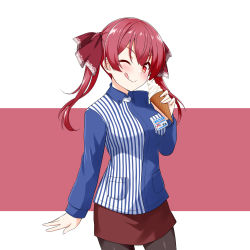 Rule 34 | 1girl, badge, black pantyhose, closed mouth, felutiahime, food, hair ornament, highres, hololive, houshou marine, ice cream, ice cream cone, lawson, looking at viewer, one eye closed, pantyhose, red background, red eyes, red hair, red skirt, simple background, skirt, solo, tongue, tongue out, two side up, uniform, virtual youtuber, white background