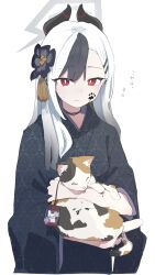 Rule 34 | 1girl, absurdres, animal, black flower, black hair, black kimono, blue archive, blush, cat, closed eyes, closed mouth, flower, hair flower, hair ornament, hairclip, halo, highres, holding, holding animal, holding cat, horns, ink, japanese clothes, kayoko (blue archive), kayoko (new year) (blue archive), kimono, licking, long hair, long sleeves, looking at viewer, makkurourufu, multicolored hair, paw print, red eyes, simple background, solo, streaked hair, sweat, translation request, white background, white hair, wide sleeves