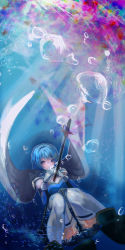 Rule 34 | 1girl, armor, blue cape, blue hair, blue skirt, breastplate, bubble, cape, gloves, h11 n2, highres, looking at viewer, mahou shoujo madoka magica, mahou shoujo madoka magica (anime), miki sayaka, miniskirt, pleated skirt, short hair, shoulder armor, skirt, solo, thighhighs, underwater, white gloves, white thighhighs, zettai ryouiki