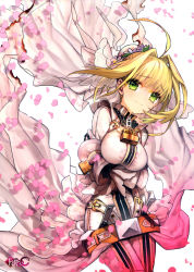 Rule 34 | 10s, 1girl, absurdres, ahoge, blonde hair, breasts, dress, fate/extra, fate/extra ccc, fate (series), green eyes, hair intakes, highres, huge filesize, incredibly absurdres, lock, nero claudius (bride) (fate), nero claudius (fate), nero claudius (fate) (all), petals, solo, wada arco
