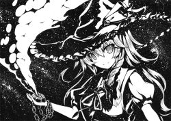Rule 34 | 1girl, bad id, bad pixiv id, black background, braid, chain, closed mouth, frilled hat, frills, greyscale, hat, holding, kirisame marisa, long hair, looking at viewer, mini-hakkero, monochrome, neck ribbon, puffy short sleeves, puffy sleeves, qqqrinkappp, ribbon, short sleeves, single braid, smile, solo, touhou, traditional media, upper body, witch hat