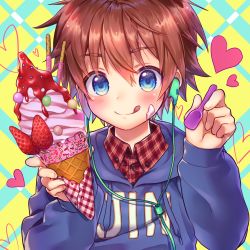 Rule 34 | 1boy, :p, blue eyes, blush, brown hair, earbuds, earphones, food, food on face, fruit, hair between eyes, heart, highres, hood, hoodie, ice cream, ice cream cone, ice cream on face, kabosudachin, looking at viewer, male focus, original, plaid, plaid shirt, pocky, shirt, solo, spoon, strawberry, tongue, tongue out