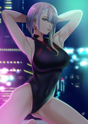Rule 34 | 1girl, armpits, arms up, asymmetrical hair, black leotard, breasts, building, city, city lights, commentary, cyberpunk (series), cyberpunk edgerunners, cyborg, english commentary, eyeliner, green hair, highres, large breasts, leotard, lipstick, looking at viewer, lucy (cyberpunk), makeup, multicolored hair, parted lips, pink hair, purple hair, red eyeliner, short hair, signature, solo, xter