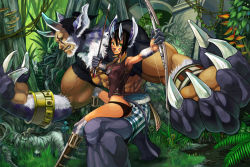 Rule 34 | 1boy, 1girl, abs, ainezu, animal, animal ears, armpits, arrow (projectile), black hair, bow (weapon), claws, crack, facepaint, fingernails, forest, fur, fur trim, grass, green eyes, hair between eyes, holding, holding arrow, holding bow (weapon), holding weapon, horns, jewelry, lizard, mouse (animal), muscular, mushroom, nature, necklace, original, outdoors, parted lips, plant, ponytail, reflection, sharp fingernails, short hair, shorts, sitting, size difference, teeth, traditional media, tree, veins, vines, water, weapon, yellow eyes