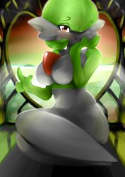 Rule 34 | 1girl, absurdres, ashraely, barefoot, blush, breasts, closed mouth, colored skin, creatures (company), eyes visible through hair, female focus, full body, game freak, gardevoir, gen 3 pokemon, green hair, green skin, hand on own face, hands up, happy, highres, horizon, indoors, large breasts, legs together, light blush, light rays, looking at viewer, multicolored skin, nintendo, one eye closed, pokemon, pokemon (creature), red eyes, short hair, sitting, smile, solo, sunlight, two-tone skin, v, white skin, window, wink, yokozuwari