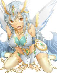 Rule 34 | 1girl, :3, :d, ahoge, andromeda (p&amp;d), armlet, bad id, bad pixiv id, bare shoulders, blue hair, breasts, bridal gauntlets, chain, cleavage, covered erect nipples, dress, fang, headpiece, jewelry, kukkumann, large breasts, leaning, leaning forward, long hair, looking at viewer, lots of jewelry, necklace, open mouth, orange eyes, puzzle &amp; dragons, ring, sideboob, simple background, sitting, sleeveless, sleeveless dress, smile, solo, thighhighs, wariza, white background, white dress, winged hair ornament, wings, zettai ryouiki