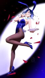 Rule 34 | 1girl, alternate costume, animal ear hairband, animal ears, blue choker, blue eyes, blue footwear, blue hair, blue leotard, bob cut, breasts, choker, cup, detached collar, drinking glass, fake animal ears, finger to mouth, genshin impact, hairband, hand up, high heels, highres, holding, holding plate, leg up, leotard, medium breasts, messy hair, mole, mole on breast, pantyhose, plate, rabbit ear hairband, rabbit ears, rabbit tail, red wine, shards, simple background, smile, solo, standing, standing on one leg, strapless, strapless leotard, tail, teeth, uchiha i arts, white wrist cuffs, wine, wine glass, wrist cuffs, yelan (genshin impact)