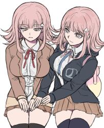 2girls breasts brown_hair brown_skirt collared_shirt danganronpa_(series) danganronpa_2:_goodbye_despair danganronpa_3_(anime) dual_persona flipped_hair hair_ornament highres hope&#039;s_peak_academy_school_uniform jacket long_sleeves medium_hair multiple_girls nanami_chiaki neck_ribbon open_clothes open_jacket pink_eyes pink_ribbon pleated_skirt ribbon rxnal0 sad school_uniform shirt skirt smile spaceship_hair_ornament thighhighs two-tone_shirt white_shirt