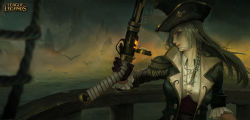Rule 34 | 1girl, bird, black gloves, black hat, blurry, blurry foreground, boat, braid, breasts, cleavage, closed mouth, collarbone, copyright name, corset, fog, frills, gloves, grey hair, gun, hat, highres, holding, holding gun, holding weapon, league of legends, long hair, ocean, outdoors, pirate, purple eyes, rain, scratches, sleeves rolled up, solo, upper body, vicennter, water, watercraft, weapon