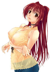 Rule 34 | 1girl, breast hold, breasts, brown eyes, choker, cleavage, collar, highres, kousaka tamaki, large breasts, long hair, nipples, no bra, red hair, see-through, solo, to heart (series), to heart 2, wet, wet clothes, yamaguchi homupe