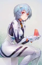 Rule 34 | 1girl, ayanami rei, blue hair, bodysuit, breasts, food, from side, fruit, gradient background, hair ornament, highres, interface headset, looking at viewer, neon genesis evangelion, plugsuit, red eyes, short hair, sitting, solo, taishi (picchiridou), watermelon