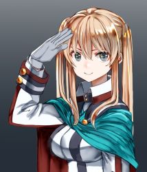 Rule 34 | 10s, 1girl, black background, blonde hair, breasts, buttons, cape, collar, female focus, gloves, graf zeppelin (kancolle), green eyes, hair between eyes, hand on forehead, kantai collection, large breasts, long hair, long sleeves, looking at viewer, ruisento, salute, sidelocks, simple background, smile, solo, uniform, upper body, white gloves