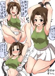 Rule 34 | absurdres, armpits, arms up, arrow through heart, asyura kumo, barefoot, black legwear, blush, breasts, brown eyes, brown hair, calligraphy brush, closed eyes, closed mouth, clothes lift, convenient censoring, cuffs, foot up, frown, girls und panzer, green shirt, highres, laughing, lifting another&#039;s clothes, mechanical arms, medium breasts, military, military uniform, miniskirt, motion lines, multiple views, navel, ooarai military uniform, open mouth, paintbrush, parted bangs, pleated skirt, sawa azusa, seiza, shackles, shirt, shirt lift, short hair, sitting, skirt, smile, socks, sweatdrop, tank top, tearing up, tears, tickle torture, tickling, tickling armpits, tickling navel, tickling sides, translation request, trembling, uniform, white background, white skirt