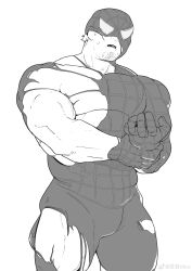 Rule 34 | 1boy, absurdres, bara, black bodysuit, bodysuit, bulge, facial hair, feet out of frame, goatee stubble, greyscale, highres, large pectorals, male focus, marvel, mature male, me-me (mouact2), monochrome, muscular, muscular male, original, pectorals, short hair, solo, spider-man, spider-man (series), strongman waist, stubble, sweat, thick thighs, thighs, torn bodysuit, torn clothes